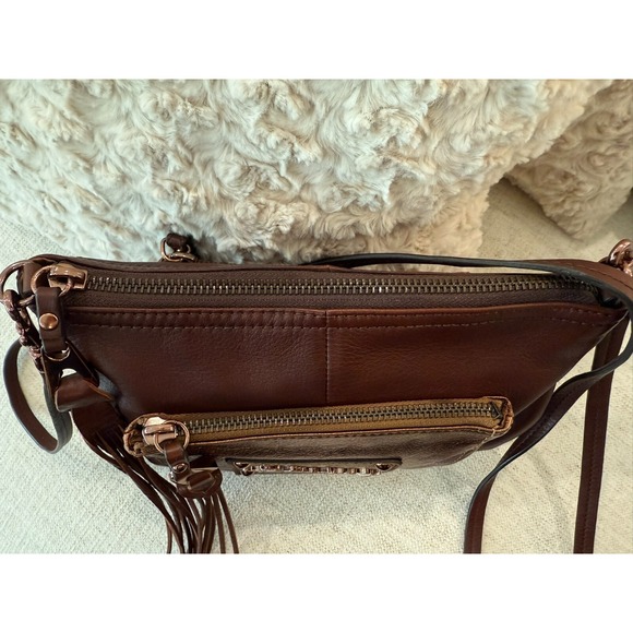 B Makowski Metallic Bronze Brown Pebbled Leather Tassel Crossbody Purse - Picture 6 of 13